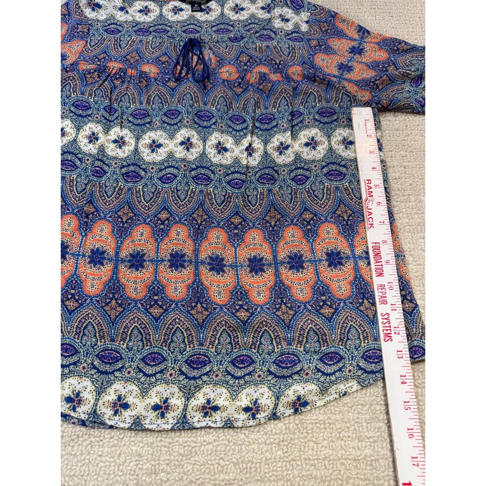 Lucky Brand Women’s Medium Tunic Top Peasant Boho Tie Neck Rayon Blue Orange - Picture 4 of 9